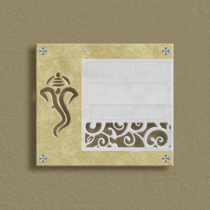 Kota Brown & Brass Apartment Nameplate with White Stone & Ganesha Cutwork - Image 2