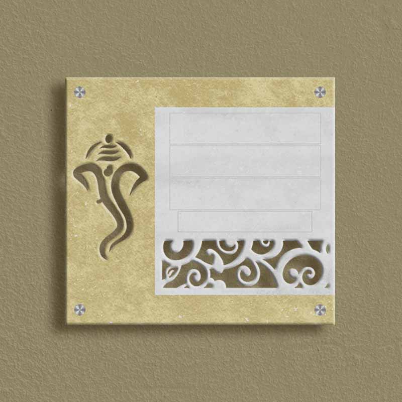 Kota Brown & Brass Apartment Nameplate with White Stone & Ganesha Cutwork - Image 3